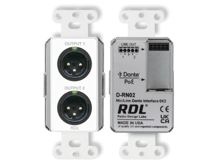 RDL D-RN02 Dante AES67 2-Channel Wall Mic/Line Interface PoE